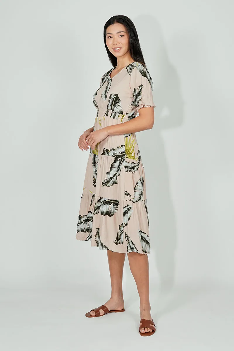 Limite Leaf Print Smocked Tiered Midi Dress - Beige sold by Fairweather product image thumbnail 2