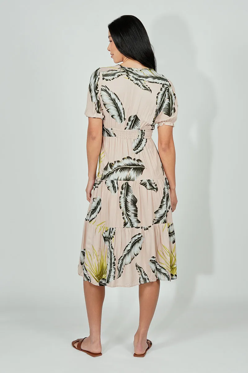 Limite Leaf Print Smocked Tiered Midi Dress - Beige sold by Fairweather product image thumbnail 3