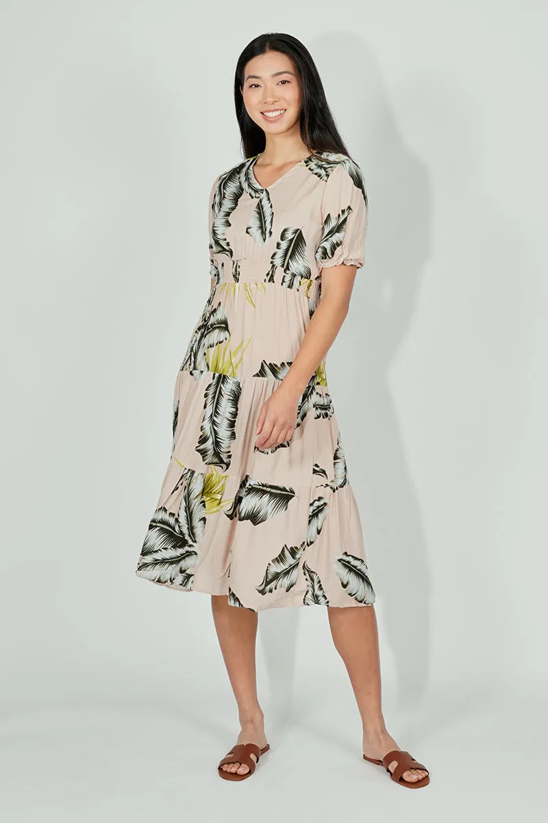 Limite Leaf Print Smocked Tiered Midi Dress - Beige sold by Fairweather product image thumbnail 5