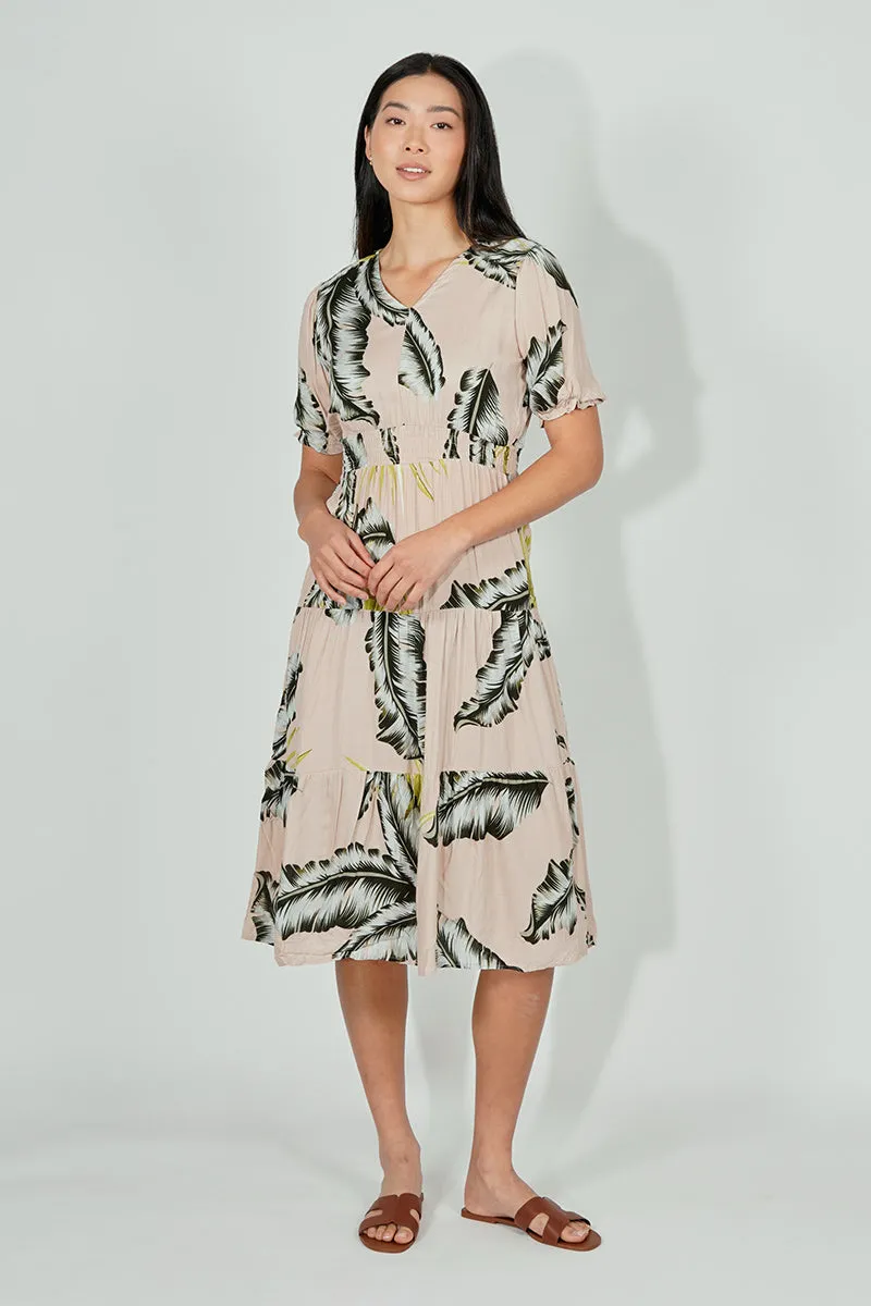 Limite Leaf Print Smocked Tiered Midi Dress - Beige sold by Fairweather