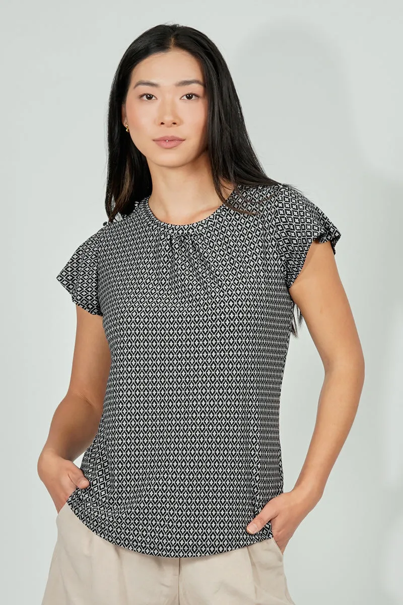 International INC Company Patterned Short Sleeve Cinched Collar Blouse - Black sold by Fairweather