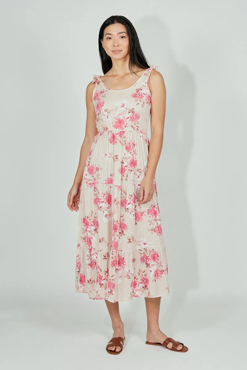 Limite Floral Tiered Shoulder Tie Maxi Dress - Pink sold by Fairweather