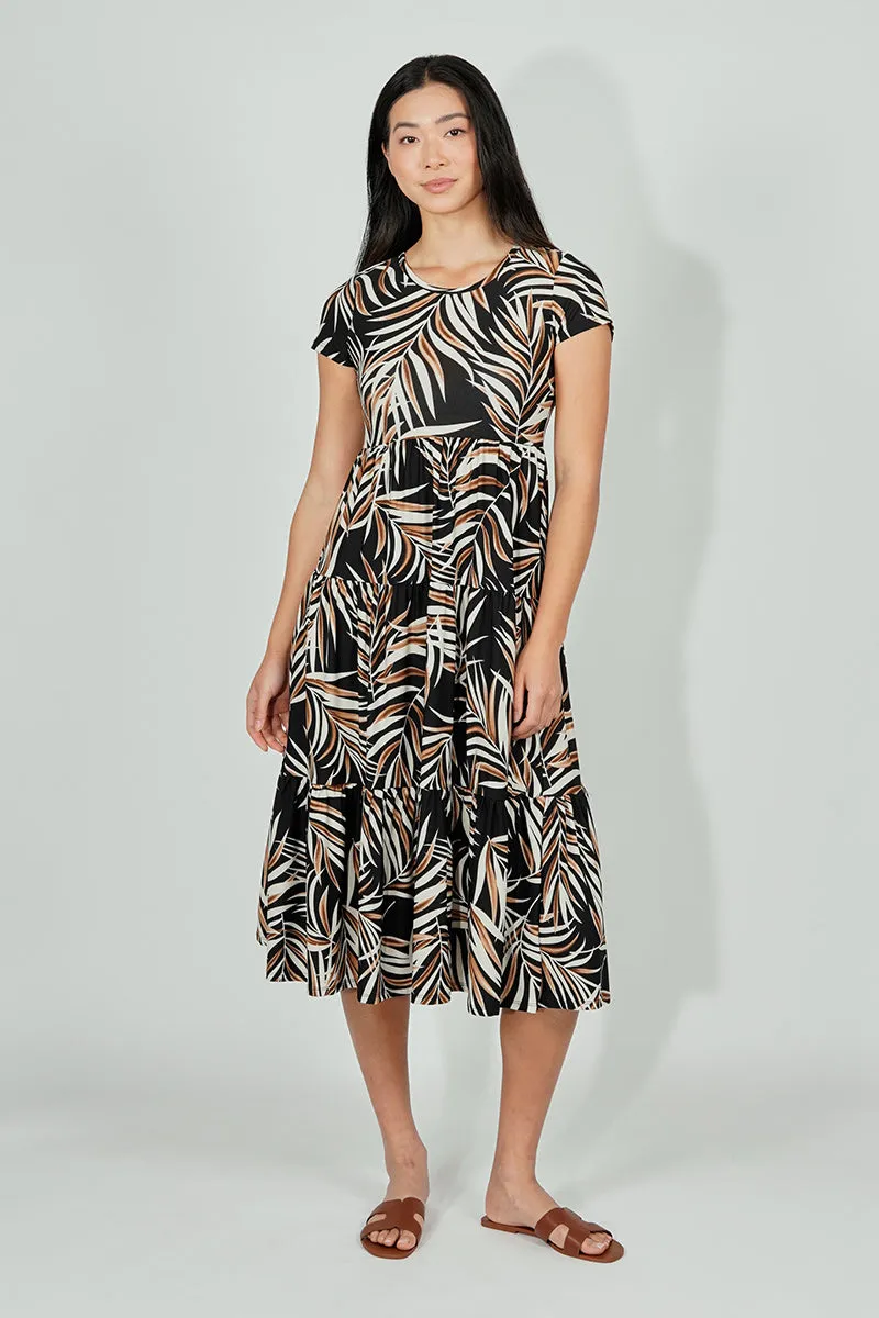 Beechers Brook Leaf Print Short Sleeve Tiered Midi Dress - Black sold by Fairweather