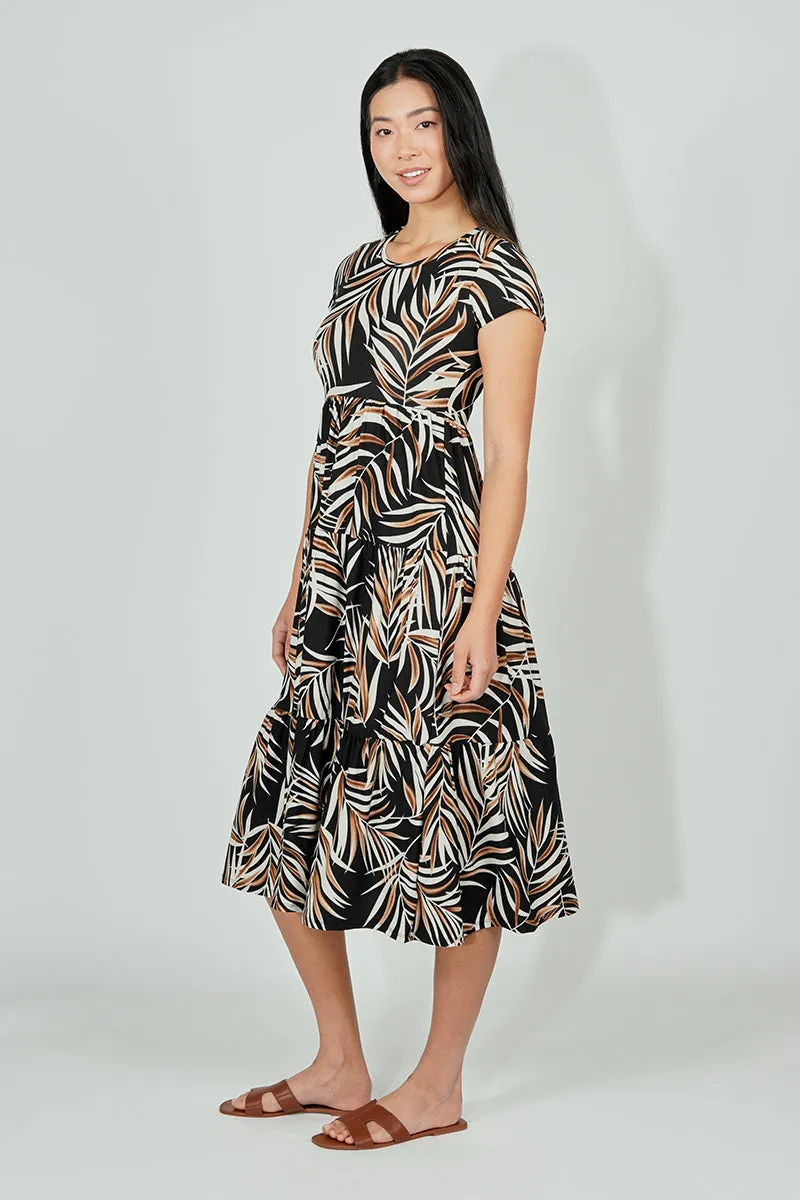 Beechers Brook Leaf Print Short Sleeve Tiered Midi Dress - Black sold by Fairweather product image thumbnail 2