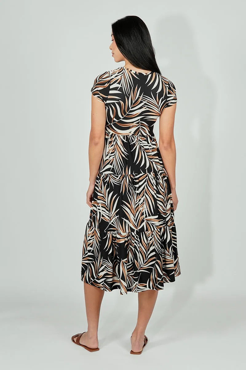 Beechers Brook Leaf Print Short Sleeve Tiered Midi Dress - Black sold by Fairweather product image thumbnail 3
