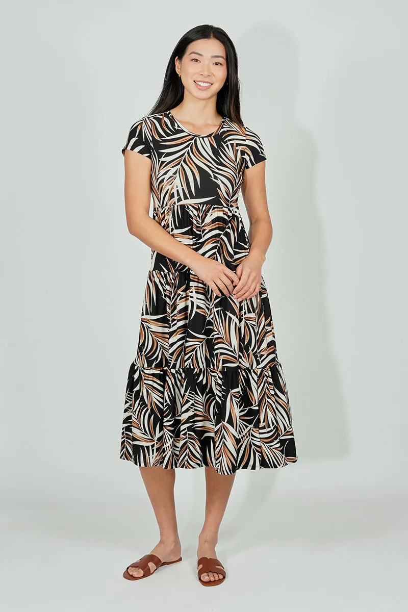 Beechers Brook Leaf Print Short Sleeve Tiered Midi Dress - Black sold by Fairweather product image thumbnail 5