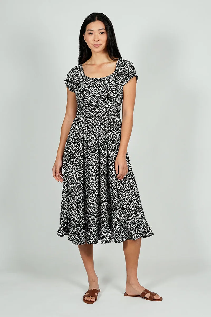 Beechers Brook Floral Short Sleeve Tiered Midi Dress - Black sold by Fairweather