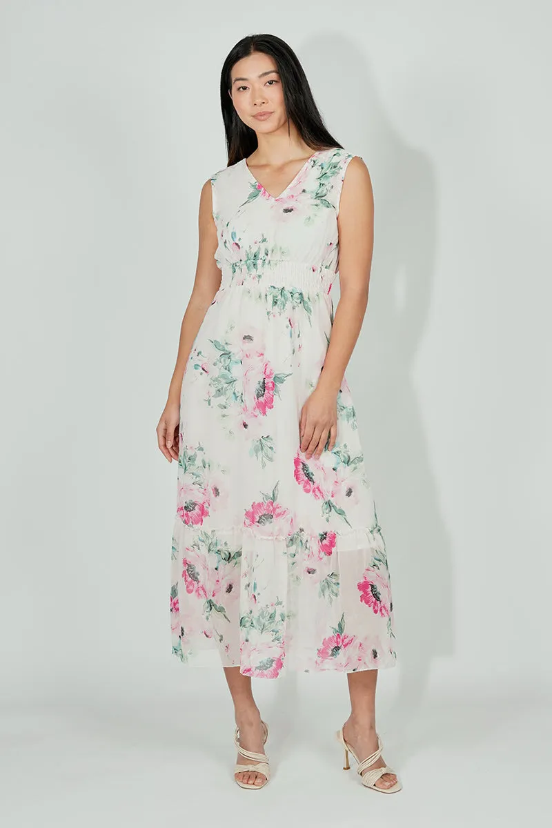 Limite Floral Smocked Waist Cocktail Dress - White sold by Fairweather