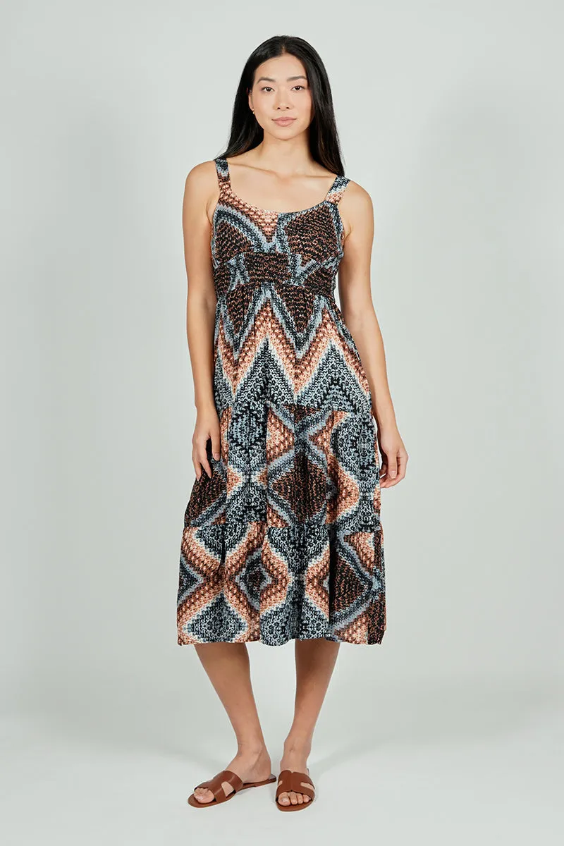 Geometric Print Smocked Waist Midi Dress - Black sold by Fairweather
