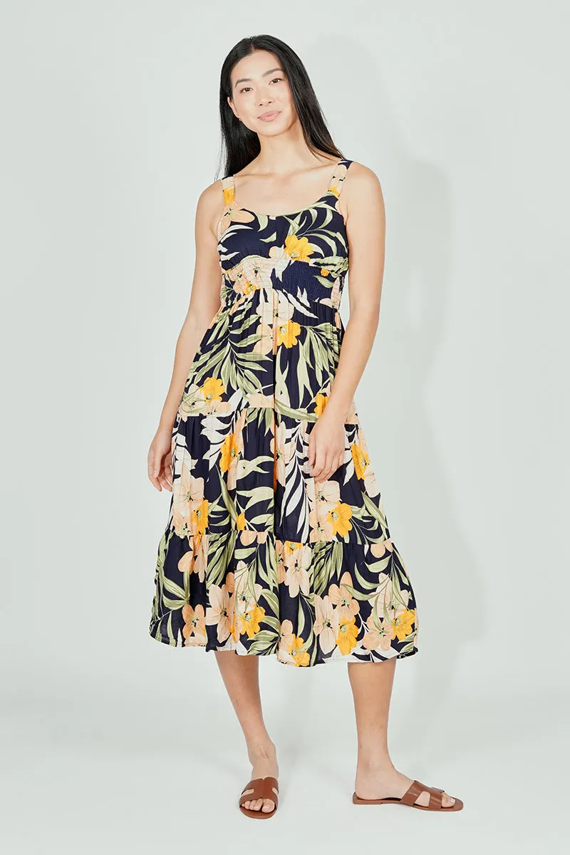 Limite Floral Smocked Waist Midi Dress - Navy sold by Fairweather