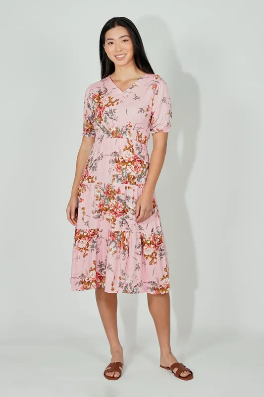 Limite Floral Smocked Tiered Midi Dress - Pink sold by Fairweather