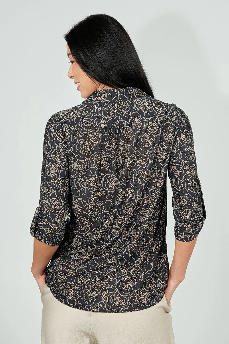 Beechers Brook Floral Button Down Roll Up Sleeve Blouse - Black sold by Fairweather product image thumbnail 3