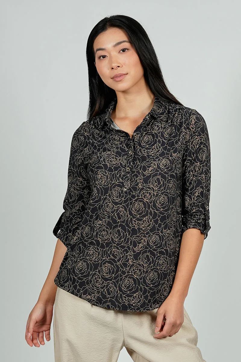 Beechers Brook Floral Button Down Roll Up Sleeve Blouse - Black sold by Fairweather