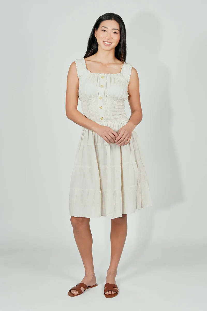 Impress Front Button Smocked Tiered Day Dress - Cream sold by Fairweather