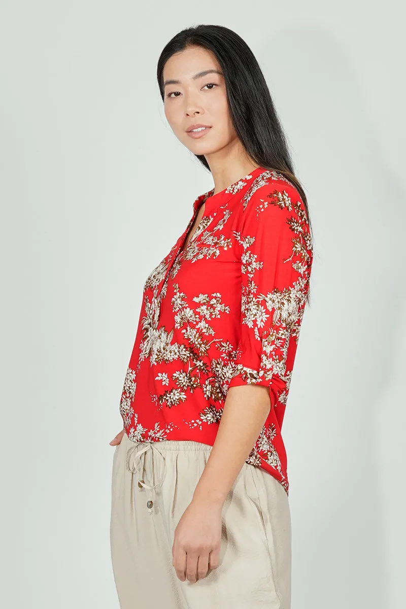 Beechers Brook Floral Roll Up Sleeve Henley Blouse - Red sold by Fairweather product image thumbnail 2