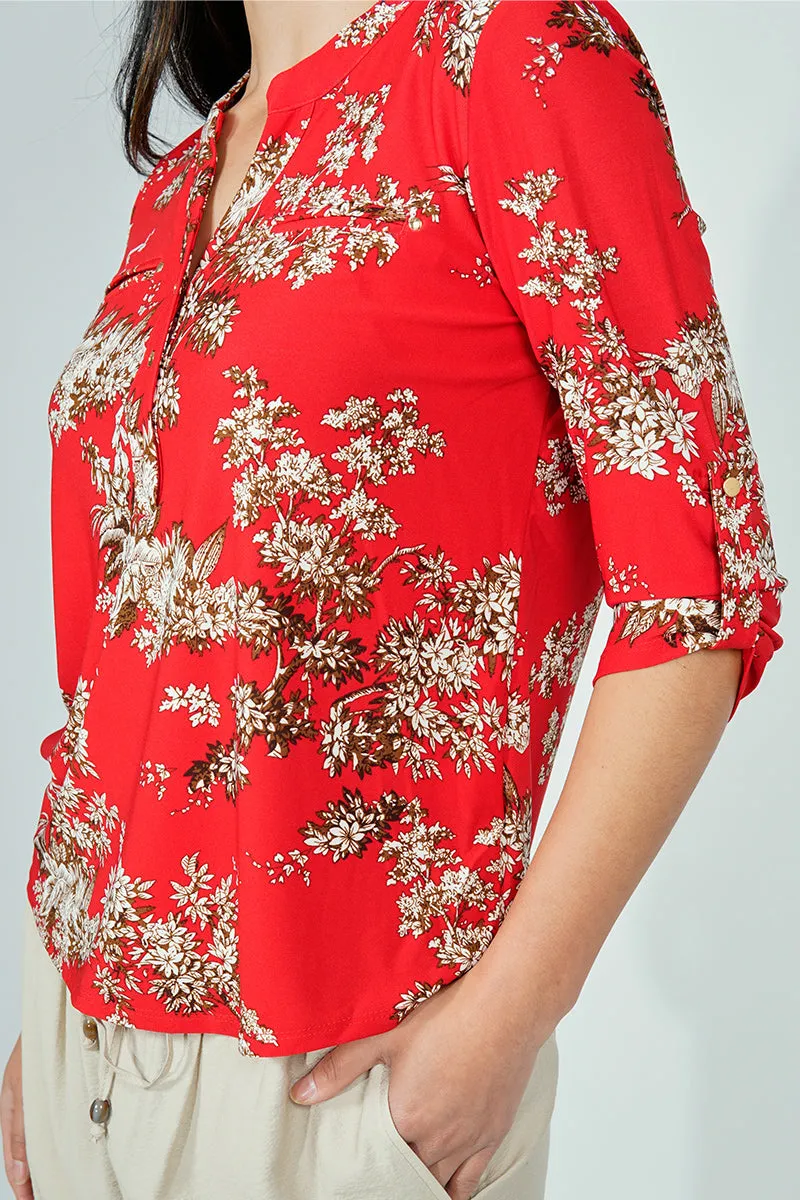 Beechers Brook Floral Roll Up Sleeve Henley Blouse - Red sold by Fairweather product image thumbnail 4