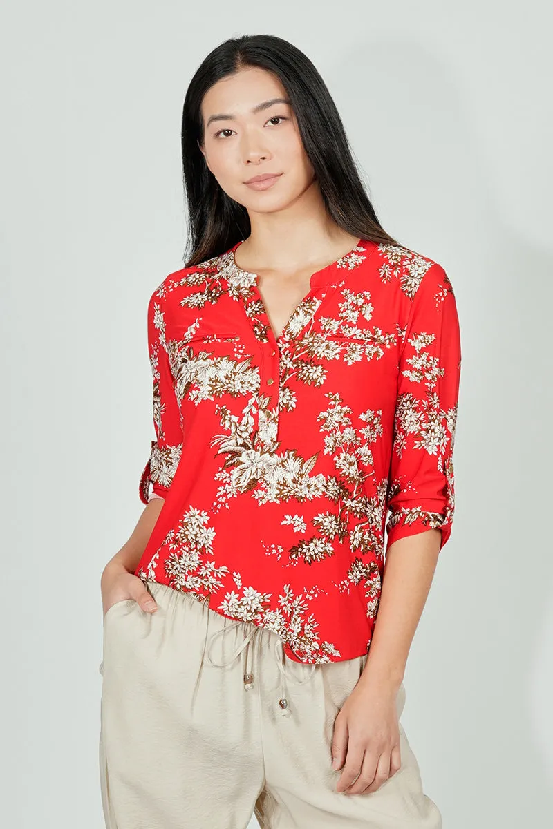 Beechers Brook Floral Roll Up Sleeve Henley Blouse - Red sold by Fairweather