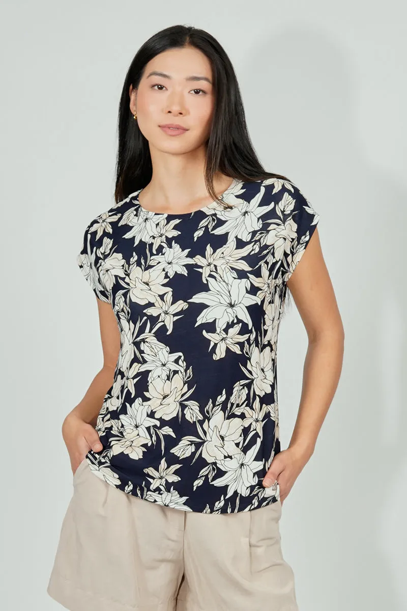 Beechers Brook Floral Circle Neck Tee - Navy sold by Fairweather