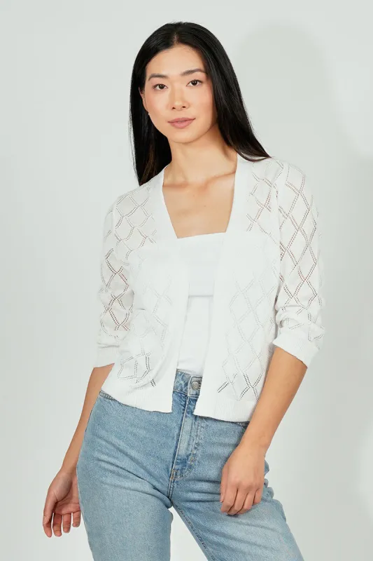 Beechers Brook Diamond Knit 3/4 Sleeve Open Cardigan - White sold by Fairweather