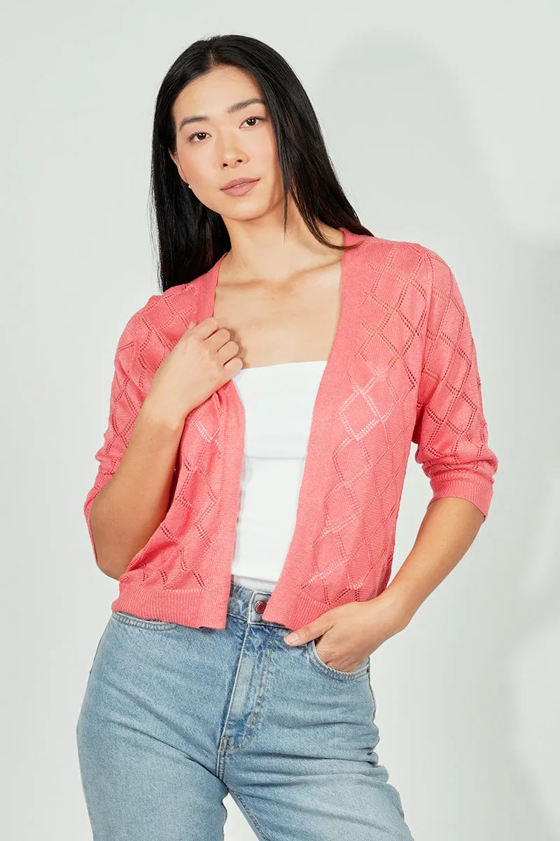 Beechers Brook Diamond Knit 3/4 Sleeve Open Cardigan - Pink sold by Fairweather