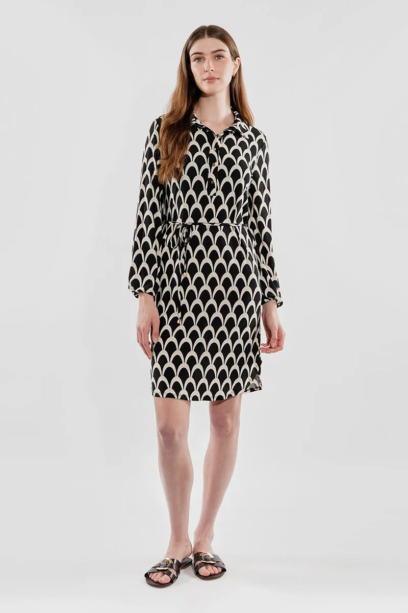 Beechers Brook Patterned Tie Waist Long Sleeve Day Dress - Black sold by Fairweather