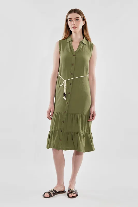 Stylexchange Rope Belted Button Down Day Dress - Olive sold by Fairweather