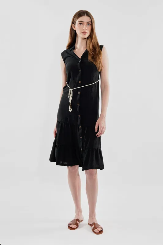 Stylexchange Rope Belted Button Down Day Dress - Black sold by Fairweather