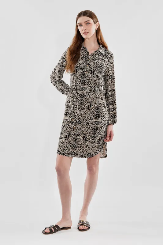 Beechers Brook Floral Tie Waist Long Sleeve Day Dress - Black sold by Fairweather