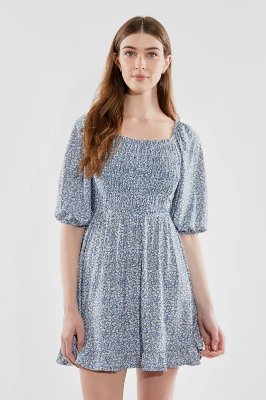 Beechers Brook Floral Puff Sleeve Smocked Day Dress - Blue sold by Fairweather