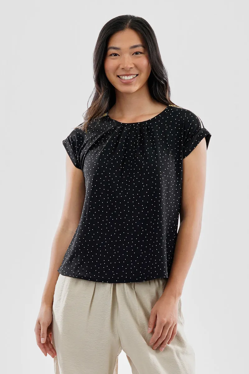 Beechers Brook Polka Dot Shoulder Zipper Blouse - Black sold by Fairweather