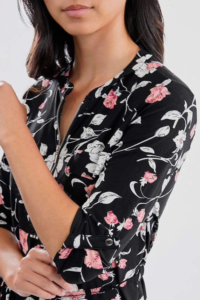 International INC Company Floral Tie Waist Half Zip Day Dress - Black sold by Fairweather product image thumbnail 4