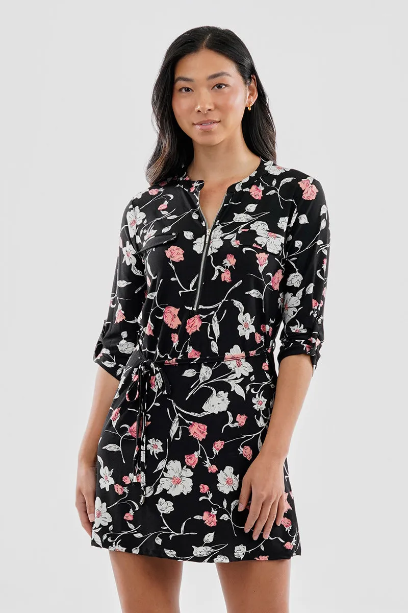 International INC Company Floral Tie Waist Half Zip Day Dress - Black sold by Fairweather