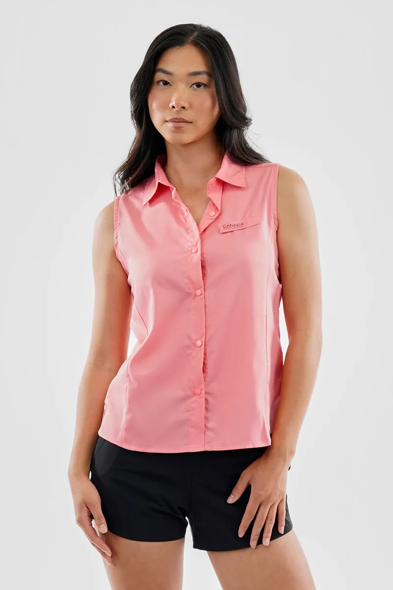 Canada Weather Gear Sleeveless Button Up Collared Shirt - Pink sold by Fairweather