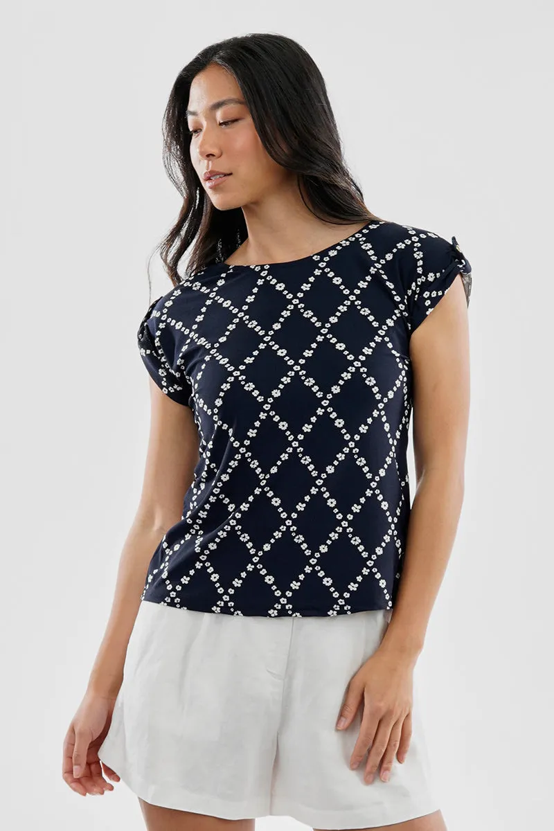 Beechers Brook Floral Cap Sleeve Back Slit Tee - Navy sold by Fairweather