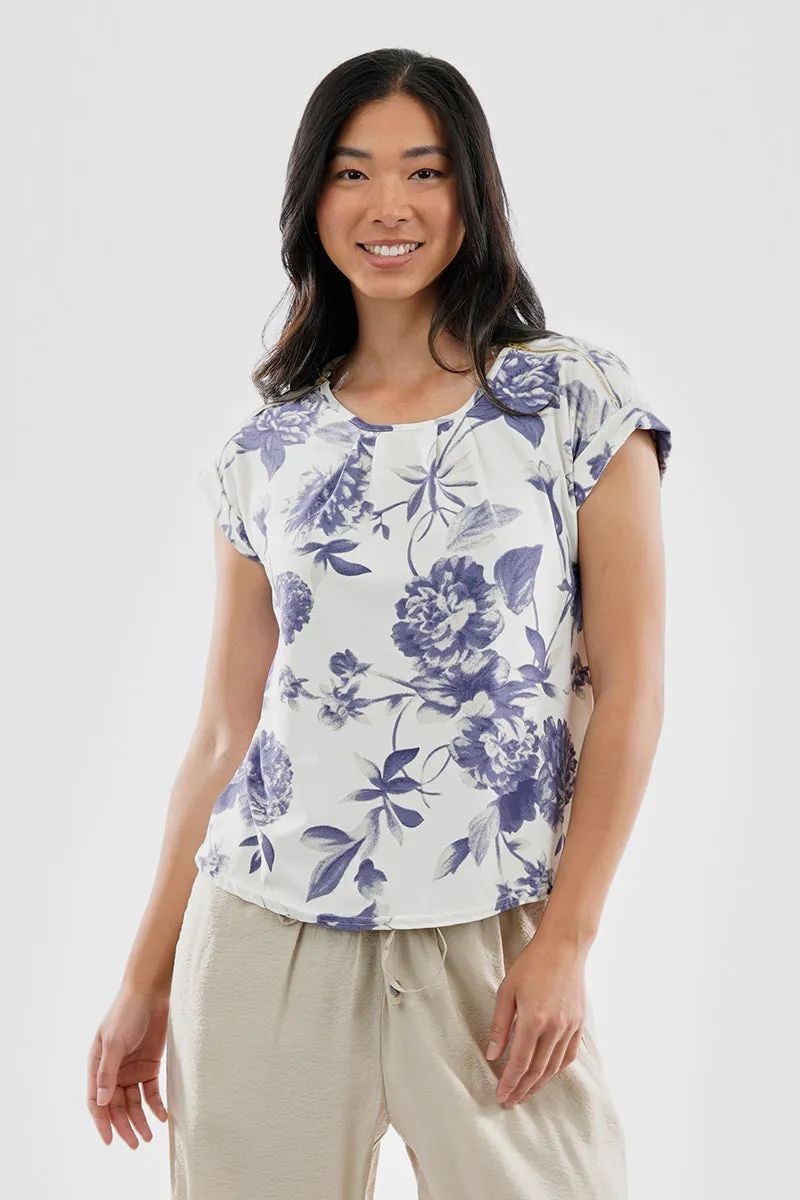 Beechers Brook Floral Zipper Shoulder Detail Blouse - White sold by Fairweather