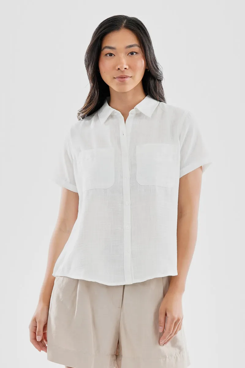 Super Triple Goose Vintage Short Sleeve Button Up Textured Shirt - White sold by Fairweather