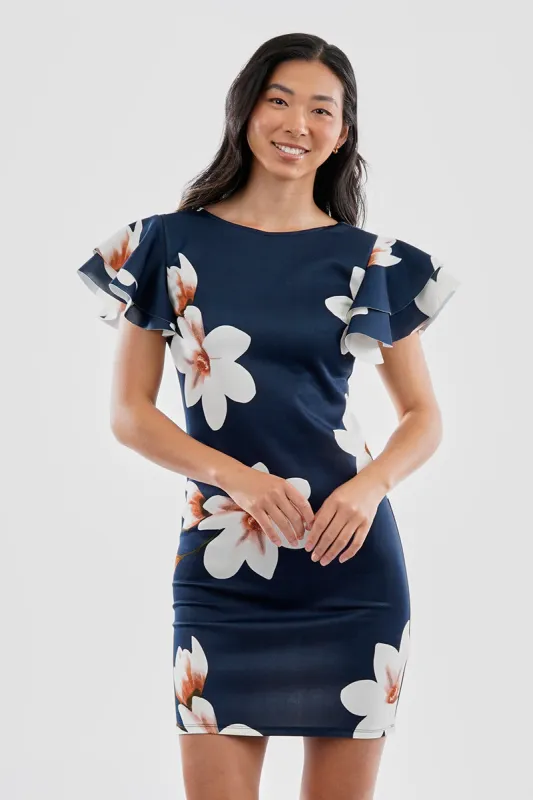 Costa Blanca Floral Flutter Sleeve Scuba Cocktail Dress - Navy sold by Fairweather