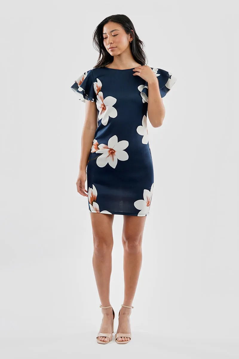 Costa Blanca Floral Flutter Sleeve Scuba Cocktail Dress - Navy sold by Fairweather product image thumbnail 5