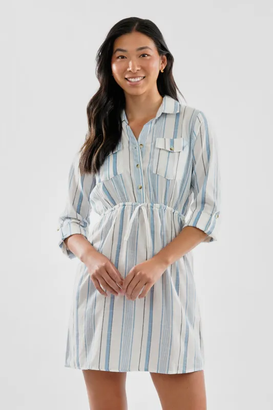 Beechers Brook Striped Roll Up Sleeve Flap Pocket Day Dress - Blue sold by Fairweather