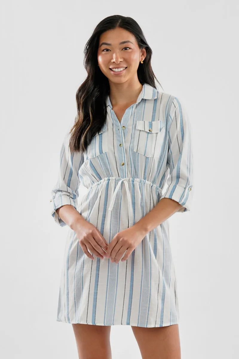 Beechers Brook Striped Roll Up Sleeve Flap Pocket Day Dress - Blue sold by Fairweather