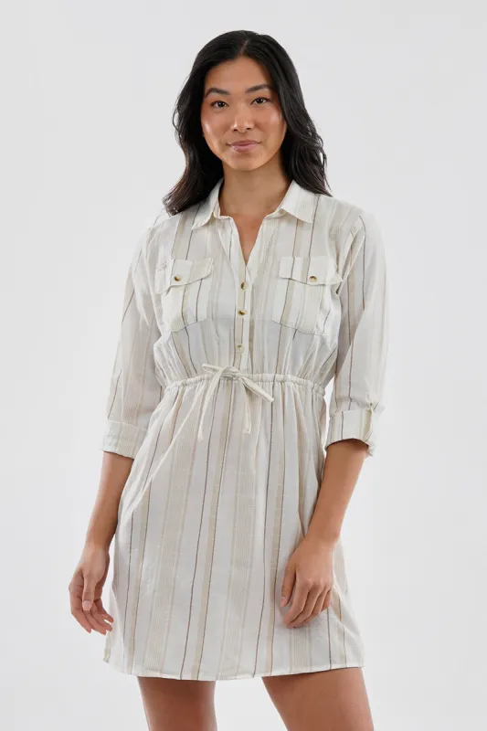 Beechers Brook Striped Roll Up Sleeve Flap Pocket Day Dress - Beige sold by Fairweather