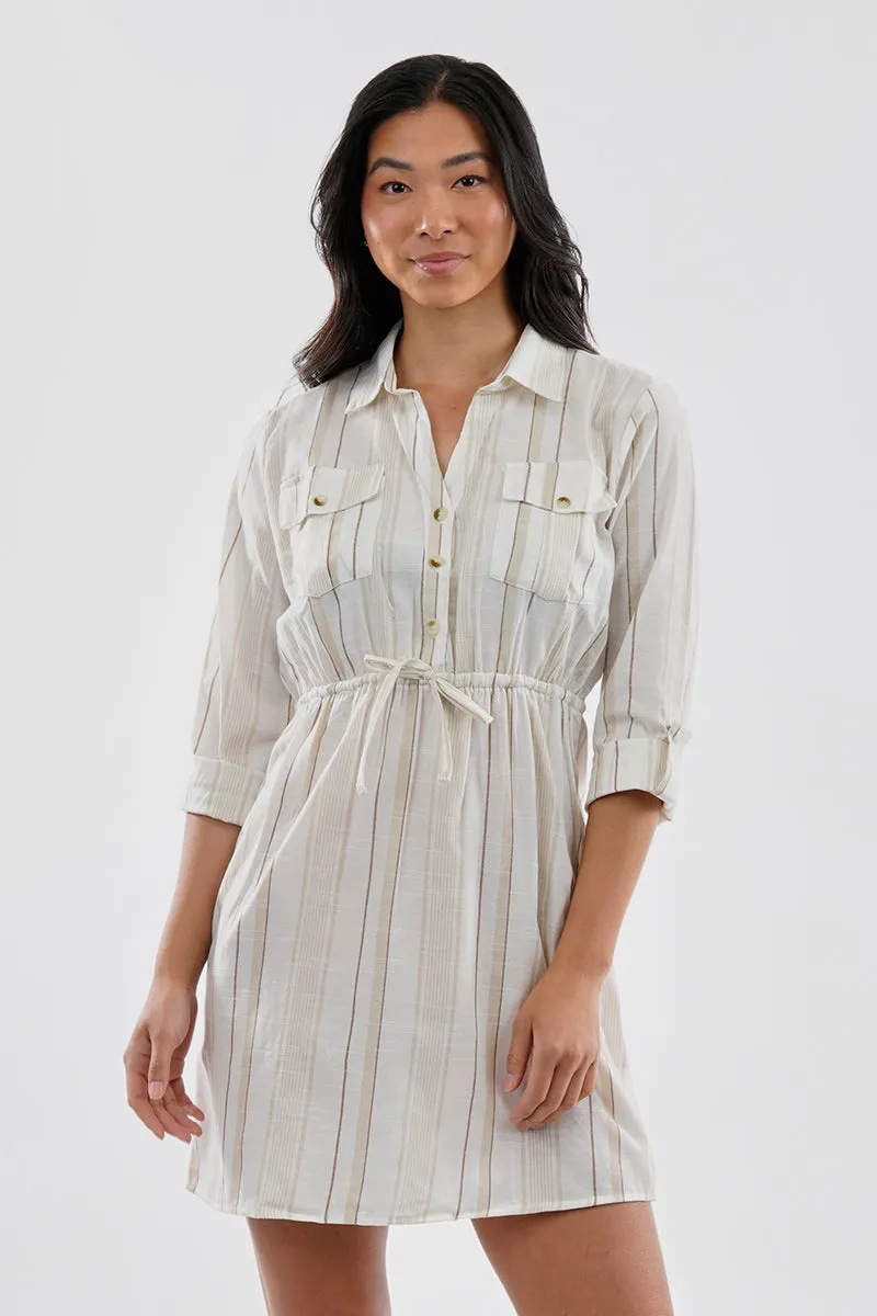 Beechers Brook Striped Roll Up Sleeve Flap Pocket Day Dress - Beige sold by Fairweather