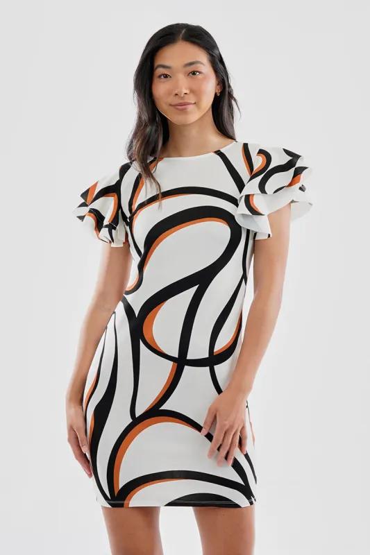 Costa Blanca Patterned Flutter Sleeve Scuba Cocktail Dress - White sold by Fairweather