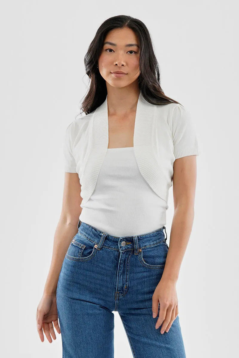 Beechers Brook Short Sleeve Open Front Shrug Cardigan - White sold by Fairweather