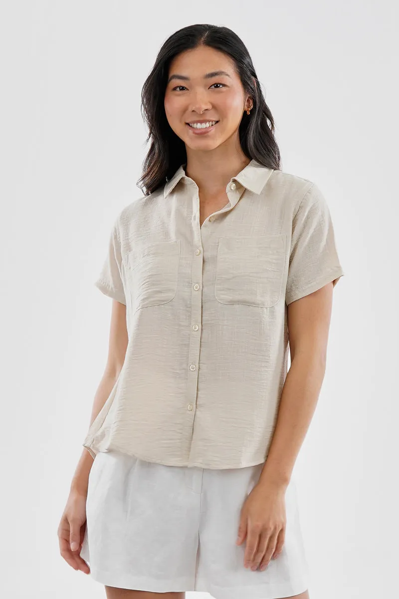 Super Triple Goose Vintage Short Sleeve Button Up Textured Shirt - Cream sold by Fairweather