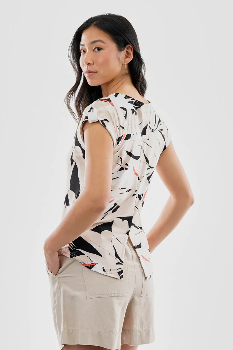 Beechers Brook Feather Print Cap Sleeve Back Slit Tee - Beige sold by Fairweather product image thumbnail 3