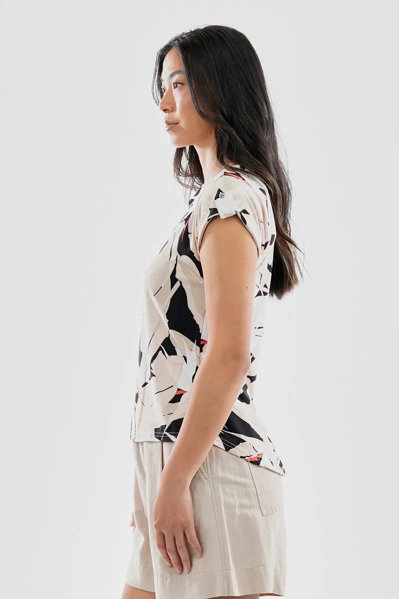 Beechers Brook Feather Print Cap Sleeve Back Slit Tee - Beige sold by Fairweather product image thumbnail 2