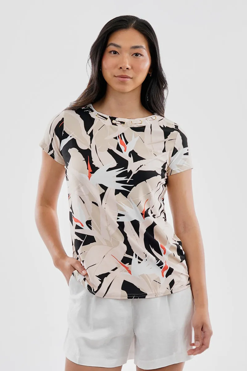 Beechers Brook Feather Print Grommet Neck Detail Tee - Black sold by Fairweather