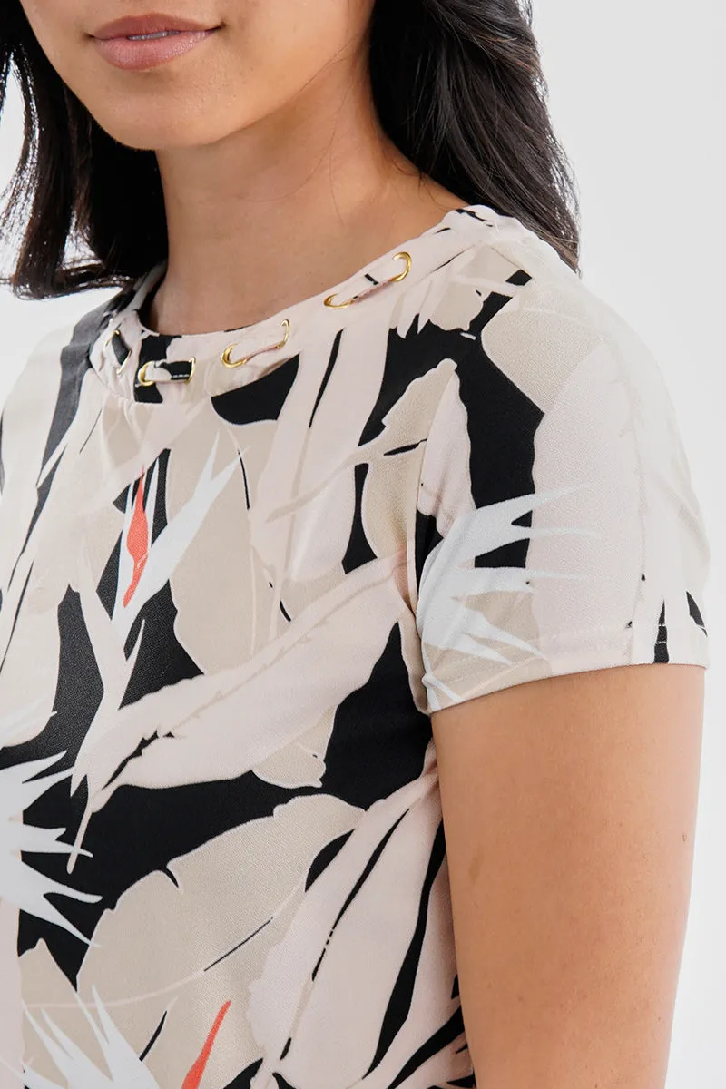 Beechers Brook Feather Print Grommet Neck Detail Tee - Black sold by Fairweather product image thumbnail 4