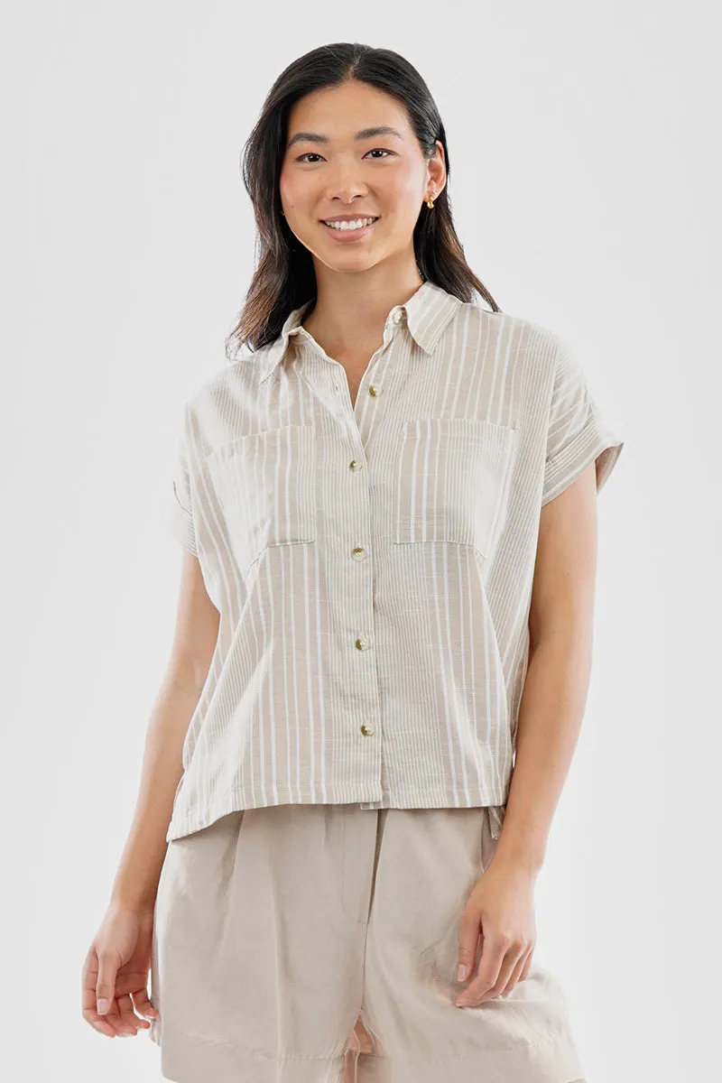 Beechers Brook Striped Button Up Short Sleeve Shirt - Beige sold by Fairweather